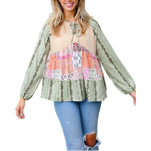 NEW HAPTICS OLIVE & MUSTARD BOHO TWO TONE TIERED BABYDOLL TOP - Picture 3 of 11